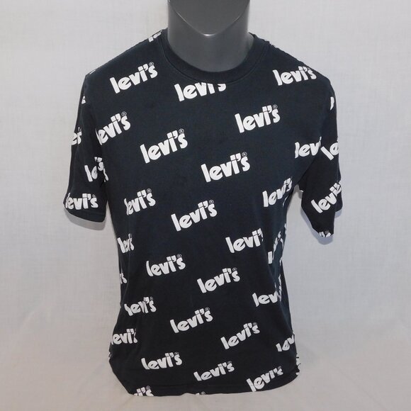 Levi's Mens M Black White Allover Spellout Print Short Sleeve T Shirt relaxed - Picture 1 of 10